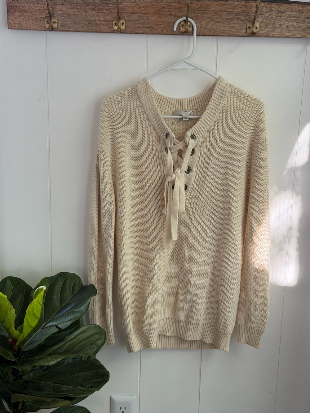 Lace-Up V-Neck Knit Sweater - Cream